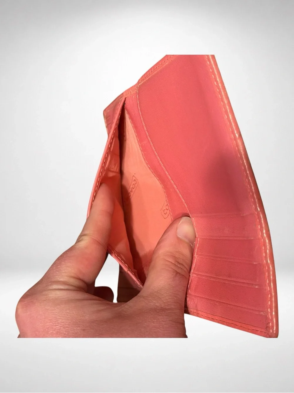 COACH Signature Card Case Wallet Khaki Coral Pink Leather Bifold Vintage Y2K